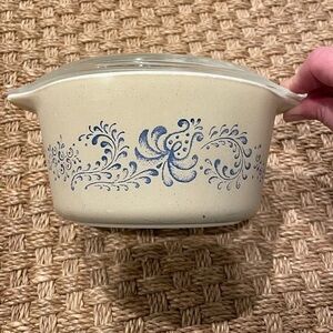 Pyrex Beige Casserole Dish with Blue Pattern